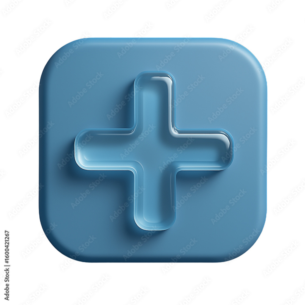Fototapeta premium A blue square button with rounded corners and a transparent plus sign in the center of the button