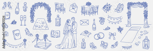 Hand drawn wedding clipart set with dresses, rings, cake, decor, and couple. Romantic linear bridal collection on soft background.
