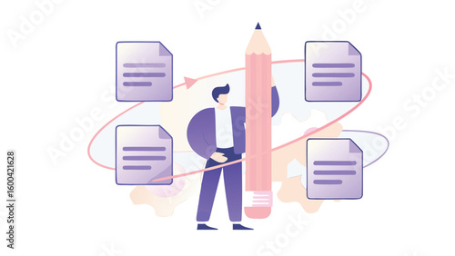 Man standing next to a large pencil surrounded by floating documents in a circular arrangement