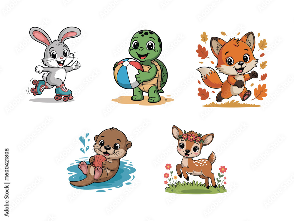 Obraz premium Cute cartoon animals enjoying activities rabbit roller skates