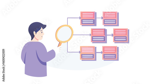 A man inspects a flowchart with a magnifying glass, examining the connected process diagrams carefully