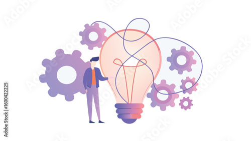 Illustration of a man standing next to a lightbulb with gears representing innovation and ideas