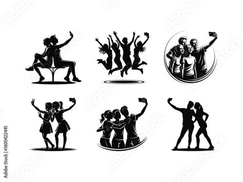 Diverse groups of people taking selfies and posing together friends couples