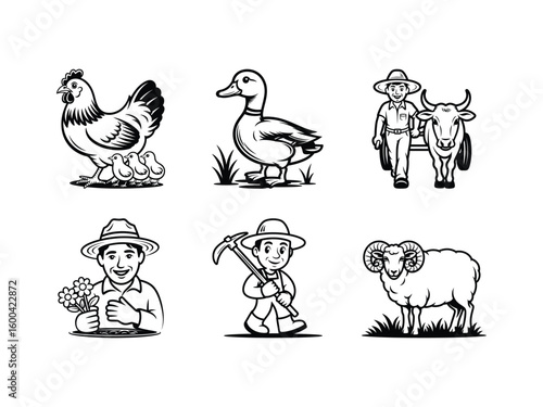 Farm animals and farmers with tools and flowers chicken chicks