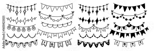 Garland of flags. Hand-drawn illustration with festive elements. Stars, triangles, crystals. Linear, flat. set of flags different shapes on string. Hanging flags. Festive decoration. black outline