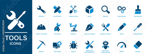 Tools icon set. Containing hand tools, build, agriculture, wrench, screwdriver, robotic, engineering, software,...