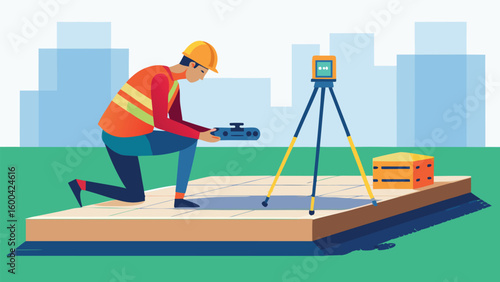 Worker measuring with laser distance meter on foundation construction