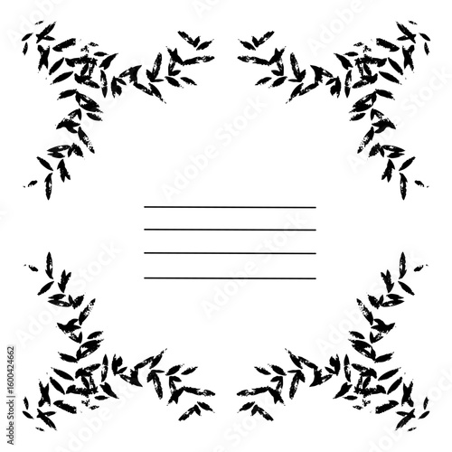 frame in abstract shape made of small branches with leaves poorly printed texture, with worn-out print, grunge. illustration with stripes writing. template for notebooks, sketchbooks as the main page