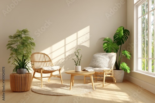 Interior with rattan chairs, plants, sunlight, and a small wooden table. Perfect for illustrating calming interior design themes or natural, bright spaces.