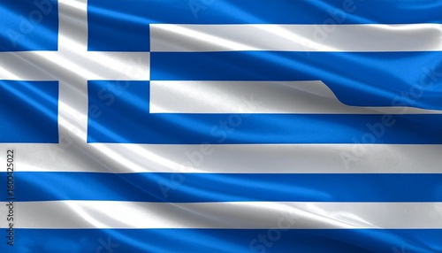 Greek flag with nine blue and white stripes and white cross in blue square