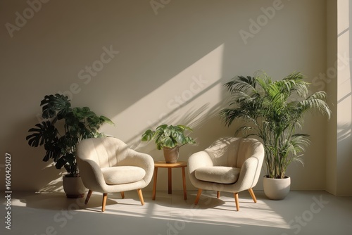 Two beige chairs with plants beside them, sunlight on the wall. Use it for interior design, cozy and natural themes.
