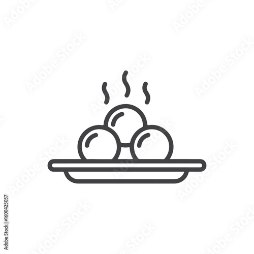 Vector art of a minimalist line icon shows three round steaming food items served