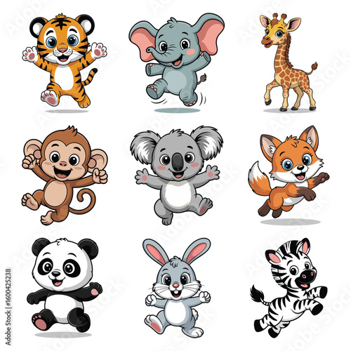 Happy cartoon animals jumping with joy tiger elephant