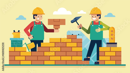 Bricklayers building wall with cement and tools construction workers
