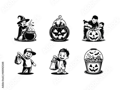 Halloween children trick or treating with candy pumpkins and witches vector