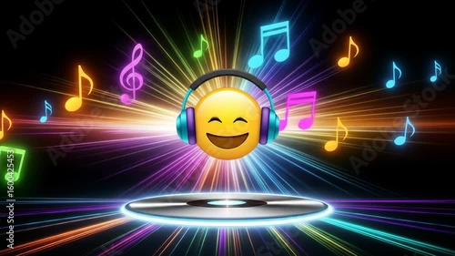 Happy Emoji with Headphones and Colorful Music Notes on Glowing Disc Background