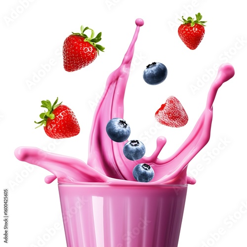 Vibrant fruit smoothie explodes from a clear glass, suspended with fresh strawberries and blueberries frozen mid-air in a bright studio with a clean white background.