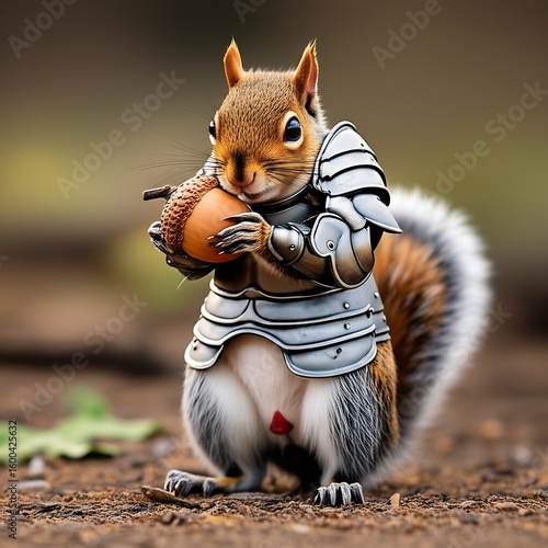 Whimsical squirrel in a tiny suit of armor proudly holds an acorn trophy, a charming and humorous scene of woodland fantasy.