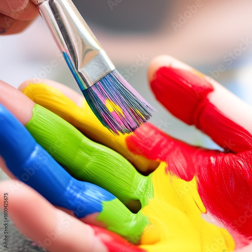 Vibrant hands, splattered with a spectrum of bright colors, firmly grip a paintbrush, embodying creativity and passionate self-expression.