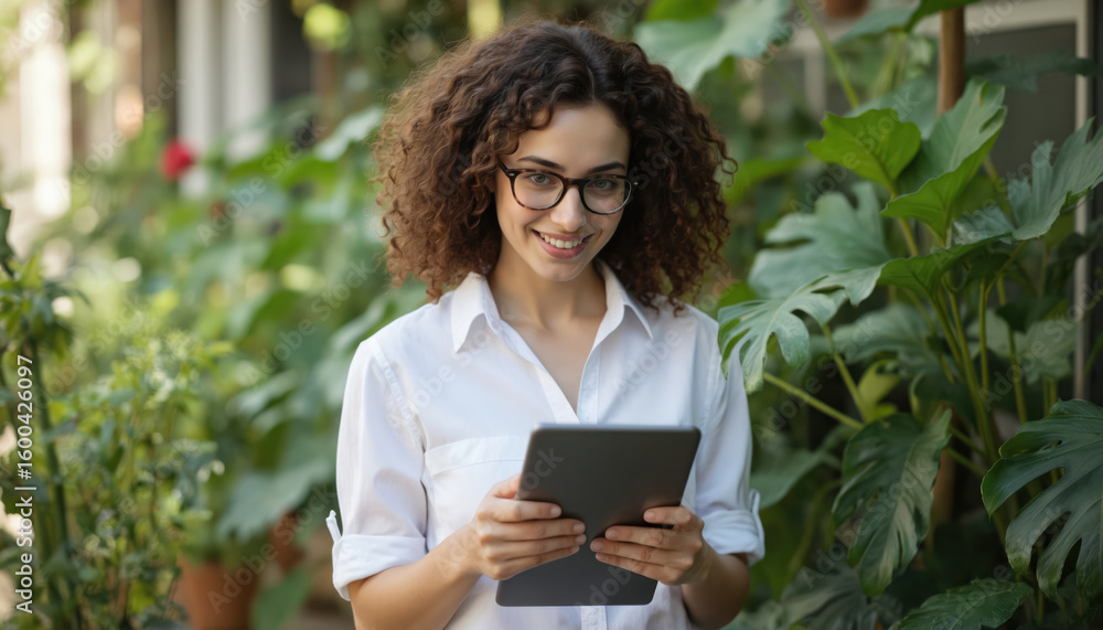 Smiling woman wearing glasses, holds tablet near lush green plants. She works outdoors, looking at digital device. Represents business, technology, and nature connection. Smiling woman wearing glasses, holds tablet near lush green plants. She works outdoors, looking at digital device. Represents business, technology, and nature connection.