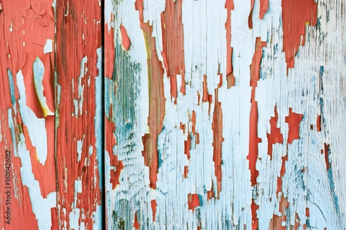 Aged, peeling paint on an old wooden surface, revealing a rich, rustic and grunge texture perfect for distressed backgrounds.