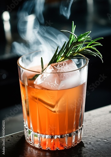 Artfully crafted cocktail in a crystal glass, featuring a large clear ice cube and rosemary sprig, with smoke swirling in a dark, moody bar setting.