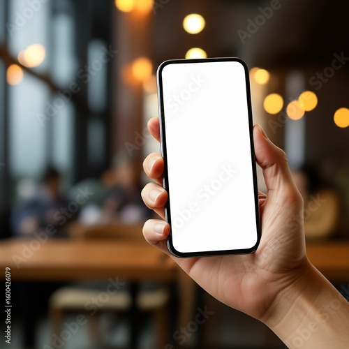 Hand holding a blank smartphone screen in a bustling city cafe, ideal for showcasing app interfaces and digital designs.