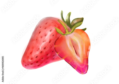 Strawberry watercolor hand-drawn illustration with strawberry slice drawing isolated on transparent background png file