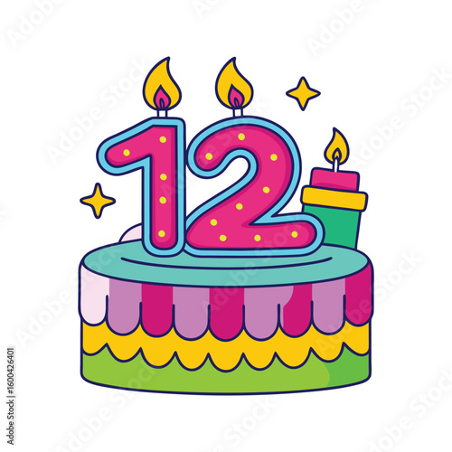 Pink and blue number twelve birthday cake with yellow candles and stars celebration festive