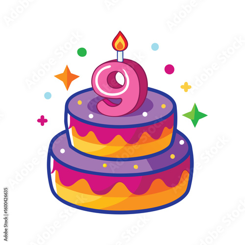 Pink number nine birthday cake with lit candle and colorful decorations celebration party