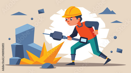 Construction worker with jackhammer breaking rock vector