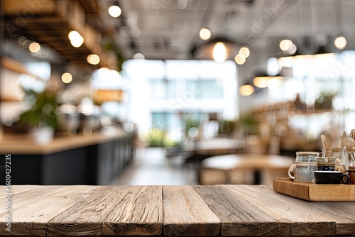 Wallpaper Mural Charming Empty Wooden Table In Contemporary Cafe Space With Blurred Background Torontodigital.ca