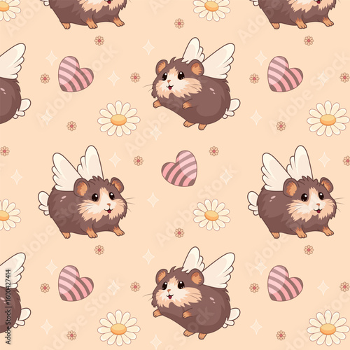 Seamless pattern with cute winged guinea pigs