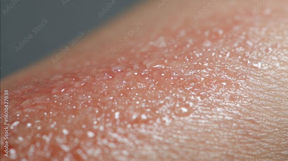 Fototapeta premium Macro view of swollen skin and tiny blisters appearing immediately after latex exposure illustrating contact urticaria symptoms.