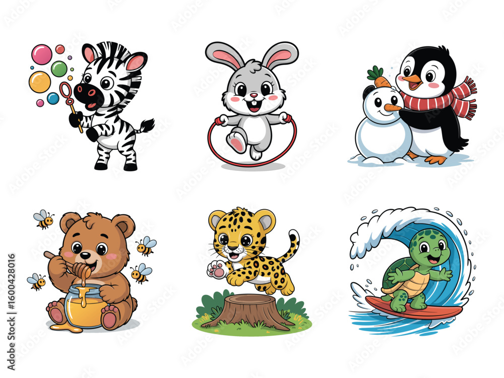 Obraz premium Zebra blowing bubbles bunny skipping penguin with snowman bear eating honey leopard jumping turtle surfing