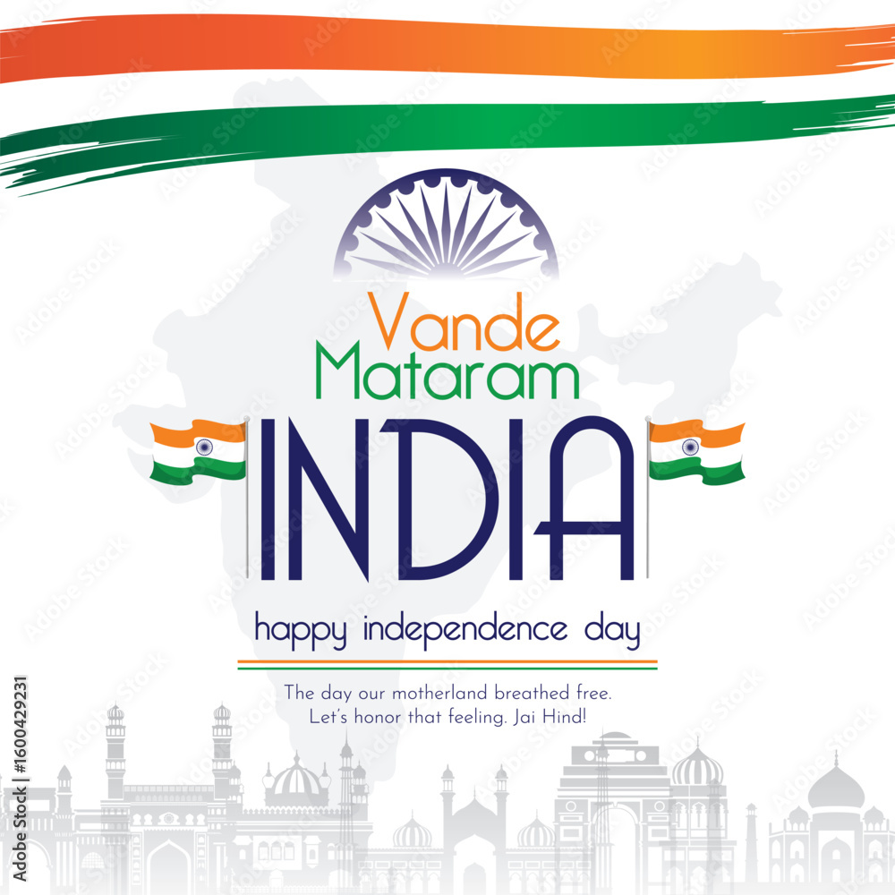 Naklejka premium Independence Day, India, August 15, Vande Mataram Typography in English Language. Social Media Creative Vector Design template