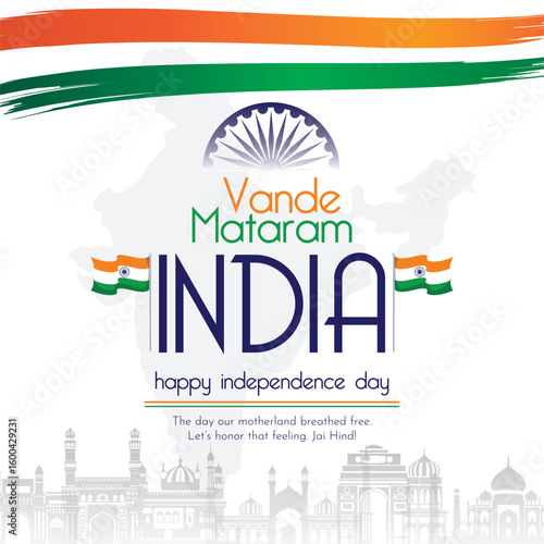 Independence Day, India, August 15, Vande Mataram Typography in English Language. Social Media Creative Vector Design template