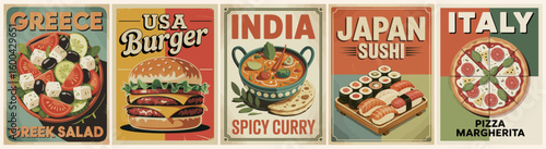 Set of retro food posters in mid-century modern style featuring iconic dishes: Margherita pizza, sushi, spicy curry, burger, and Greek salad. Perfect for vintage kitchen wall decor