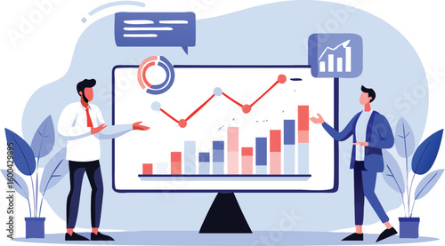Two business people presenting a bar graph and line chart on a large computer screen display panel