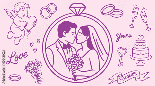 Romantic wedding set in linear style: bride and groom, rings, cupid, glasses, cake, flowers and lettering. Illustration for wedding design.