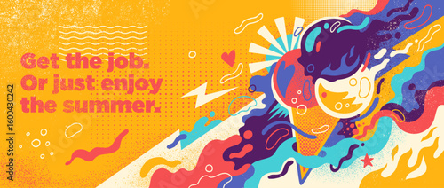 An abstract lifestyle-themed background featuring a vibrant ice cream illustration surrounded by dynamic, colorful splashing shapes. Vector illustration.