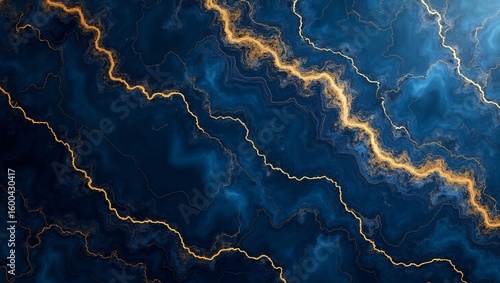 Abstract swirling patterns of golden light streaks across a deep blue textured background