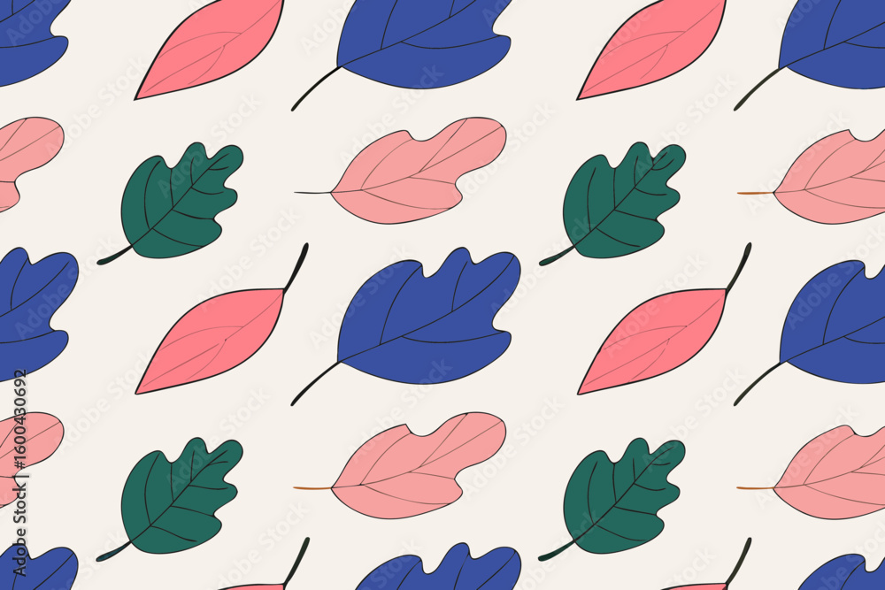 Fototapeta premium A Whimsical and Colorful Pattern of Stylized Leaves in Shades of Pink, Blue, and Green, Arranged on a Soft Cream Background to Evoke the Essence of Nature