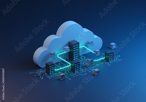 A 3D illustration of a cloud computing concept, showcasing data servers and connections.