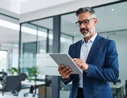 Confident mature businessman in suit using digital tablet in modern office. Senior executive focused on finance project, perfect for corporate, business, and tech themes.