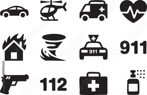 Emergency Services and Disaster Response Icons A Collection of Black and White Vector Symbols Representing Various Crisis Situations and Assistance Resources