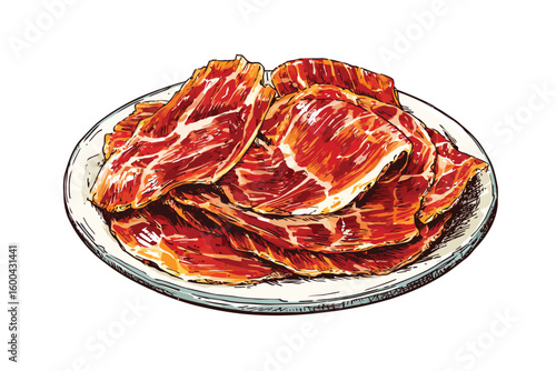 Close-Up of Thinly Sliced Jamon iberico on Tapas Plat isolated