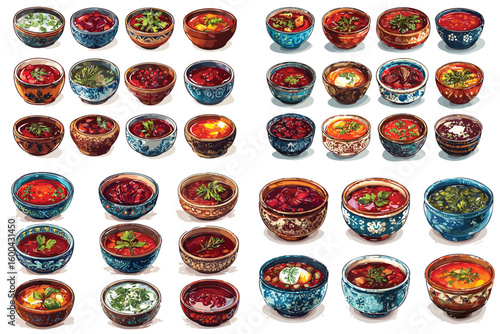 Colection of Ukrainian borsch bowls set grid isolated