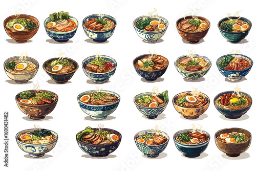 Set of steaming bowls of Japanese ramen grid isolated