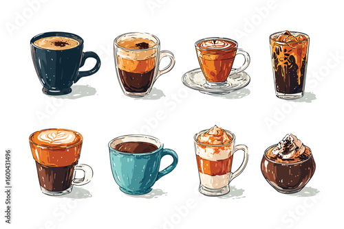 Set of different types of coffee grid isolated